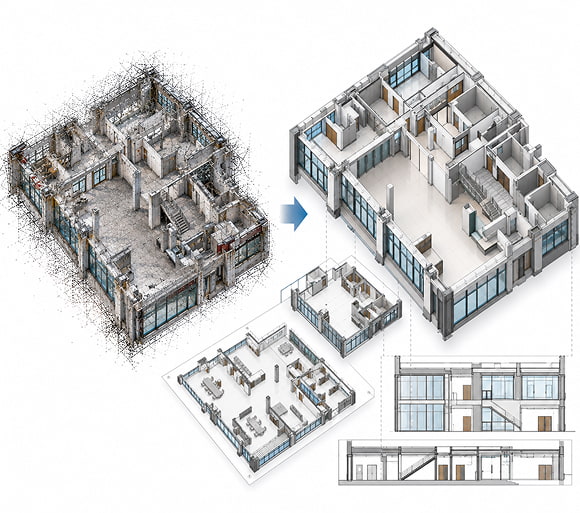 Point cloud converted into an architectural model, floor plans, and sections